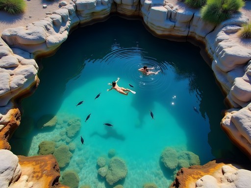 Crystal clear waters of Mettams Pool natural reef formation with snorkelers