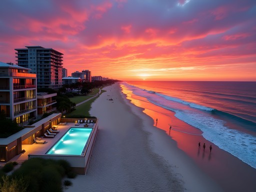 Vibrant sunset over Scarborough Beach with modern beachfront development
