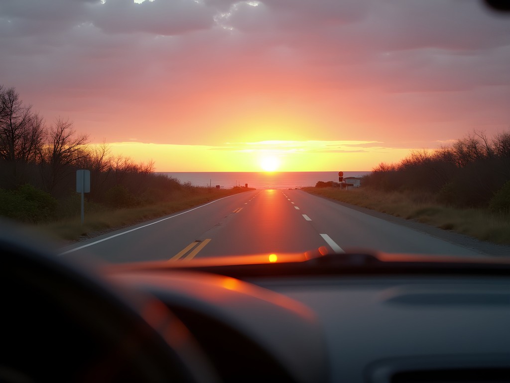 Sunset view driving back from Delaware beaches with ocean glimpse