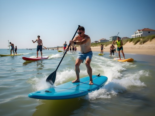 Active beach scene at Dewey Beach Delaware with water sports and families