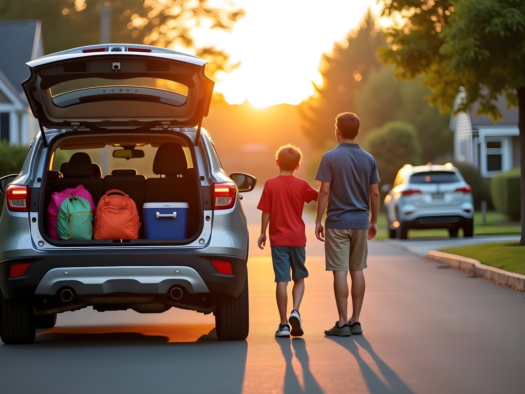 Family preparing beach gear in Pike Creek Delaware driveway at sunrise