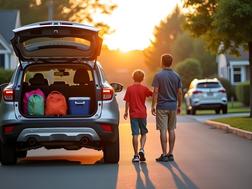 Family preparing beach gear in Pike Creek Delaware driveway at sunrise