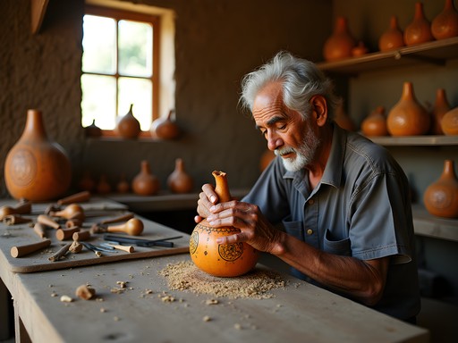 Traditional gourd carving artisan workshop in Catacaos, Piura, Peru