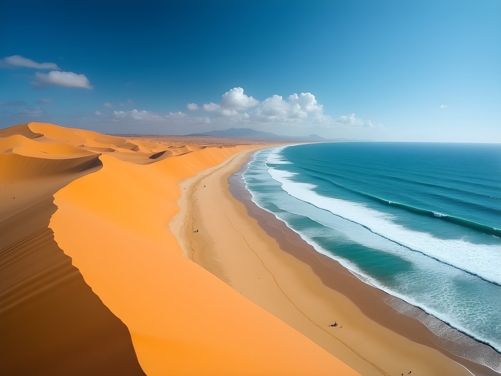 Dramatic landscape where the Sechura Desert meets the Pacific Ocean in Piura, Peru