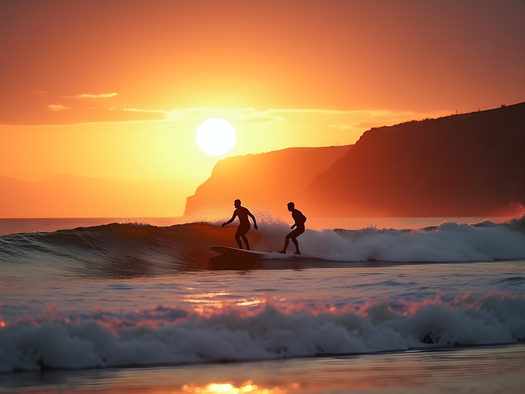 Surfers at sunset on the point break at Lobitos beach in Piura, Peru