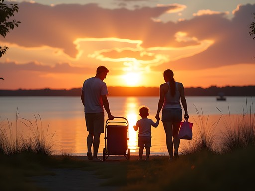 Sunset over Plymouth Minnesota beach with families enjoying evening activities