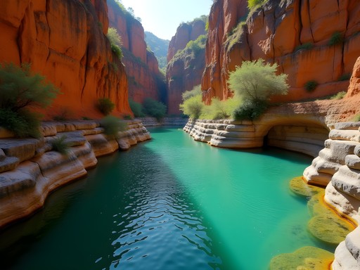 Emerald green swimming pools in Chuniespoort Gorge with dramatic red rock formations