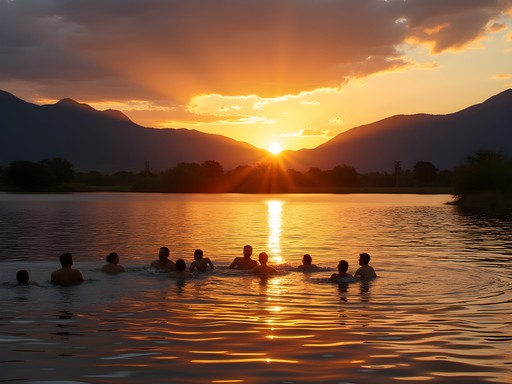Sunset over Doorndraai Dam with silhouettes of swimmers enjoying the water
