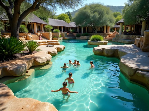 Natural swimming pools at Fico Eco Lodge with families enjoying the water