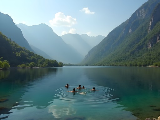 Stanford Lake surrounded by misty Magoebaskloof mountains with swimmers in the foreground