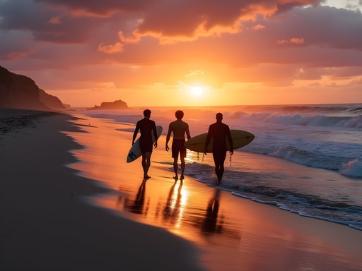 Silhouette of surfers at sunset on Beachview Beach in Port Elizabeth