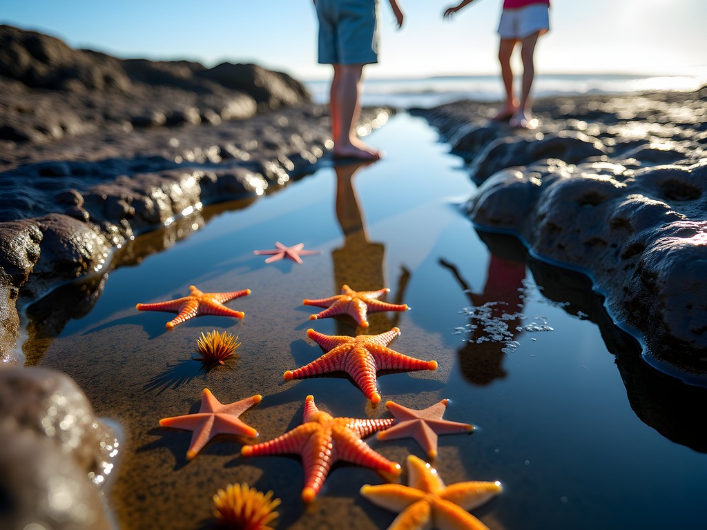 Family exploring colorful tide pools at Kini Bay Beach in Port Elizabeth