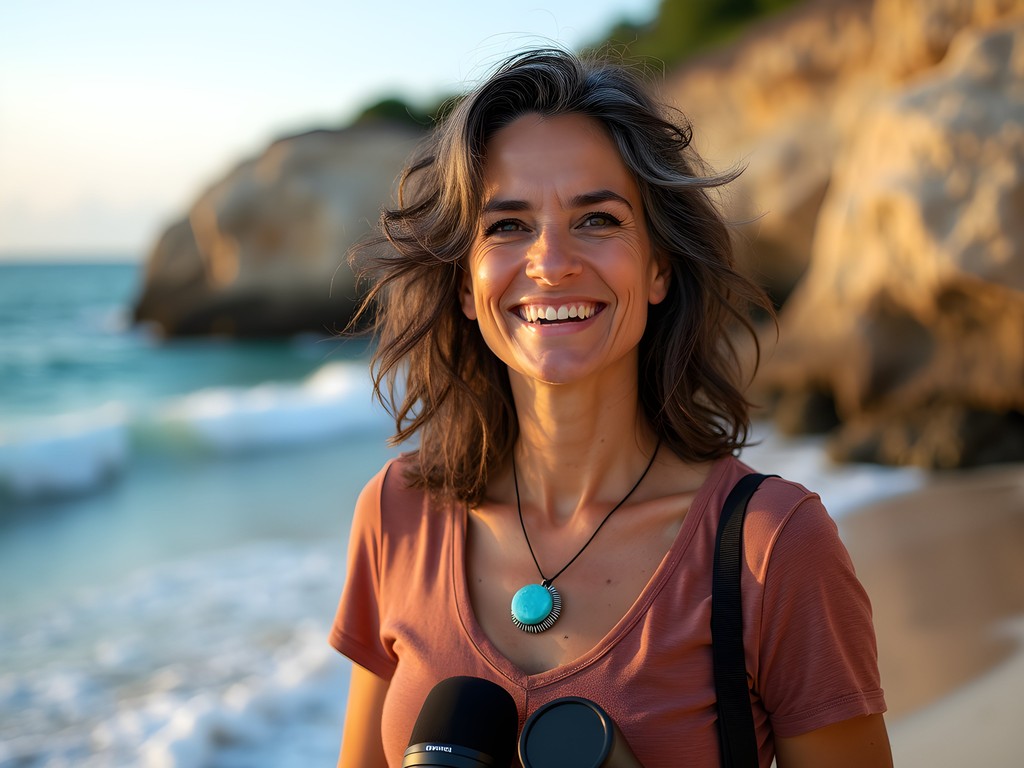 Sound engineer Lauren Colombo recording ocean sounds at Walton Rocks Beach limestone formations