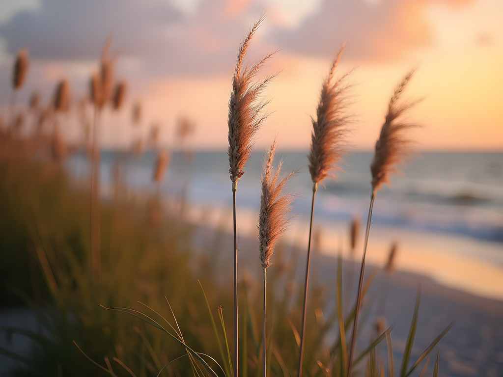 Golden sea oats swaying in ocean breeze at sunset on Port St. Lucie beach
