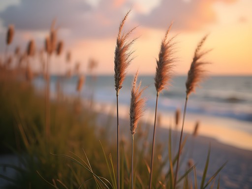 Golden sea oats swaying in ocean breeze at sunset on Port St. Lucie beach