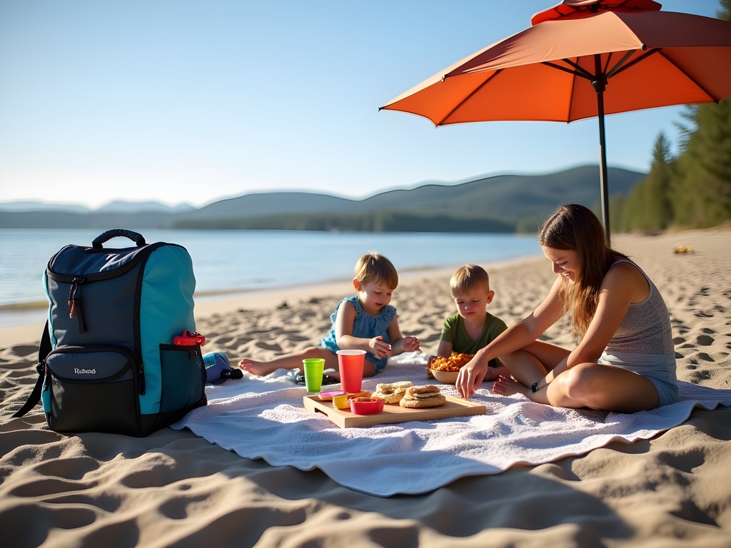 Budget-friendly beach setup with cooler, umbrella, and simple toys