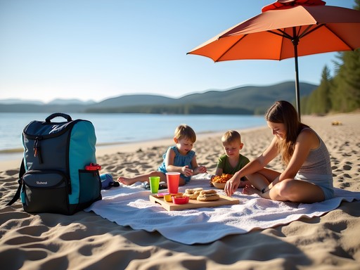 Budget-friendly beach setup with cooler, umbrella, and simple toys