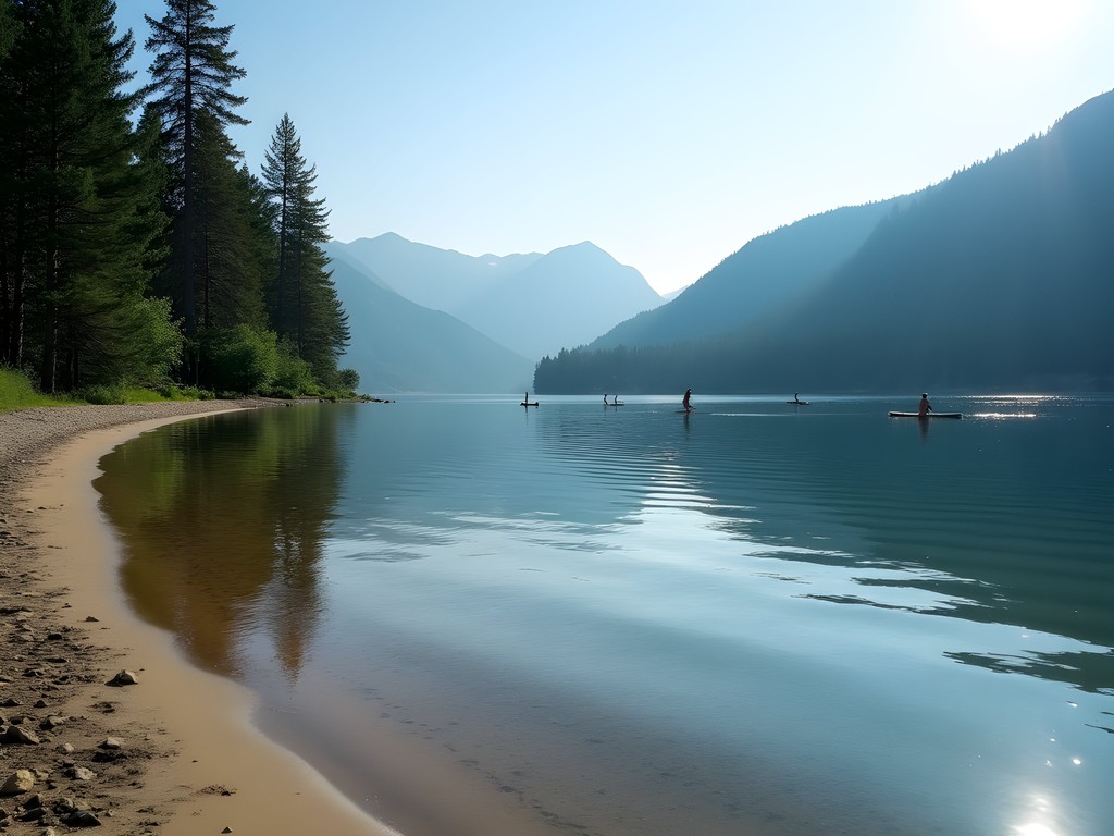 Quiet shoreline of Hauser Lake with paddle boarders in the distance