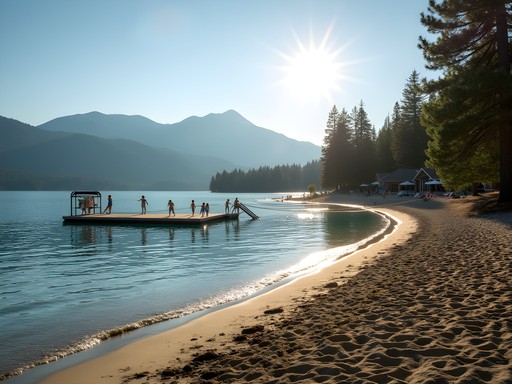 Sandy shoreline of Honeysuckle Beach with mountain views and clear water