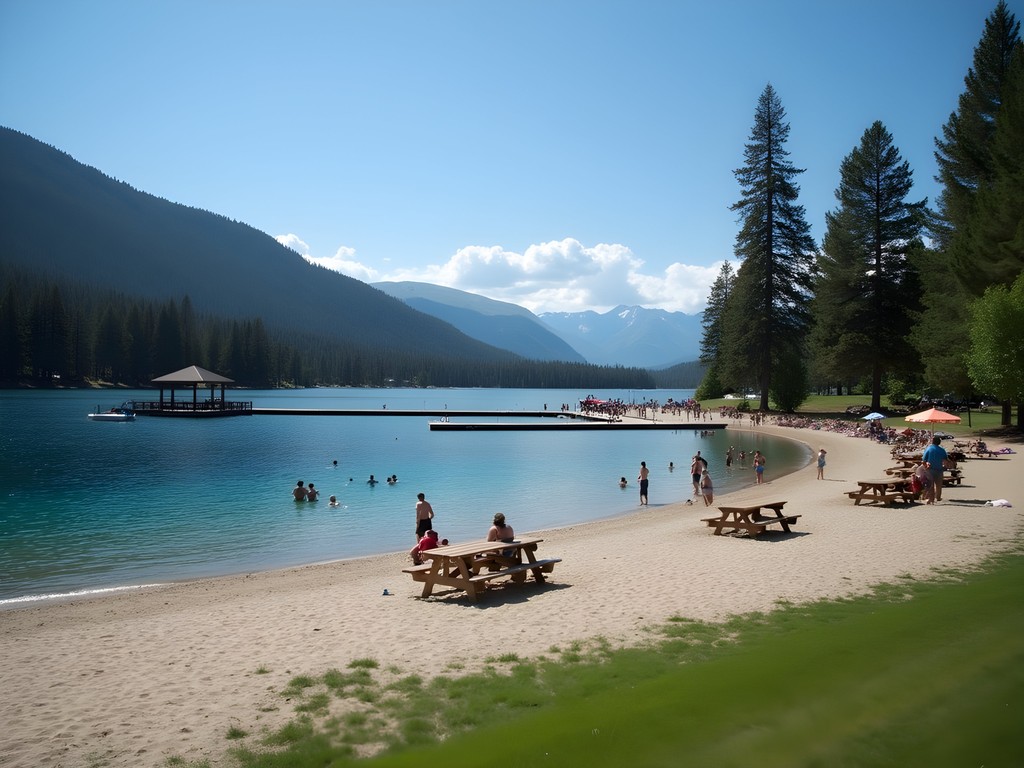 Liberty Lake beach area with swimming dock and forested shoreline