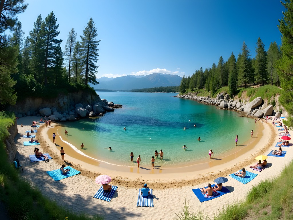 Sandy beach at Q'emiln Park with families enjoying summer day by the water