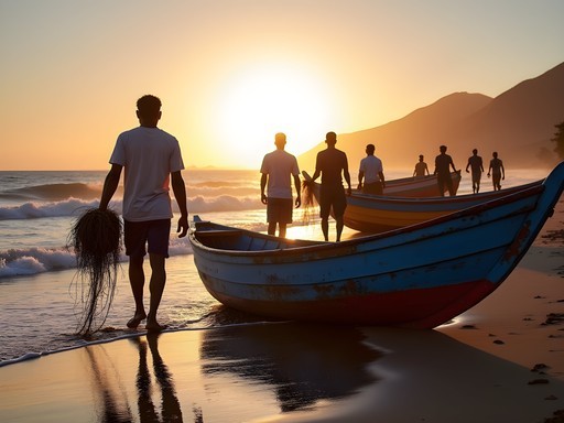 Local fishermen bringing in morning catch at Quebra Canela Beach in Praia, Cape Verde