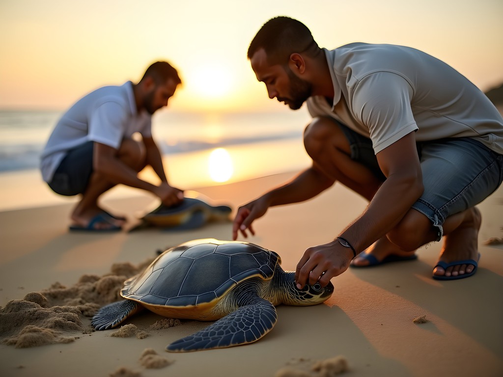 Marine turtle conservation efforts on a Cape Verde beach with volunteers monitoring nesting sites