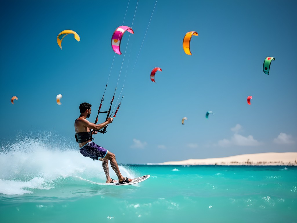 Colorful kitesurfers on the turquoise waters of Santa Maria Beach in Sal Island, Cape Verde