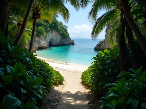 Secluded beach cove along Puerto Vallarta coastal trail with jungle path leading to shore
