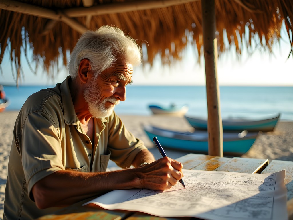 Local elderly fisherman showing hand-drawn map of secret beach locations to traveler