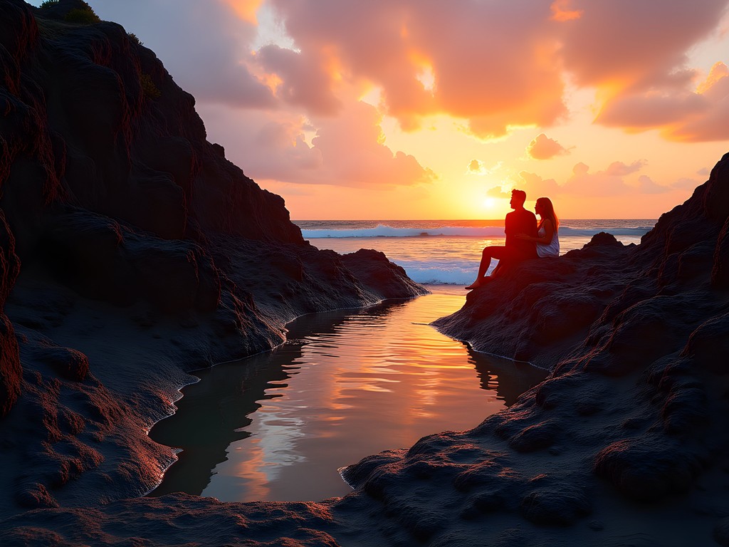 Natural volcanic rock pools at Punta Negra beach during sunset with couple enjoying private moment