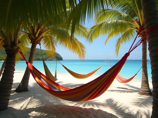 Hammocks hanging between palm trees at Las Caletas beach in Puerto Vallarta