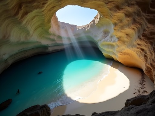The famous Hidden Beach (Playa del Amor) at Marietas Islands with circular opening to sky
