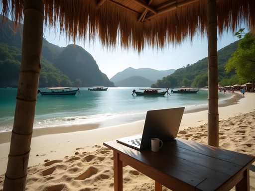Laptop workspace view from palapa on Yelapa beach with fishing boats in background