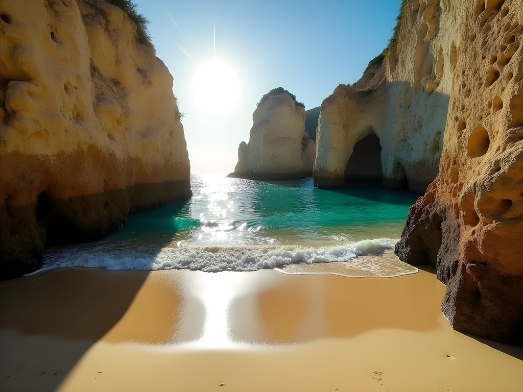 Empty golden sands of Playa Careyeros at sunrise with dramatic rock formations
