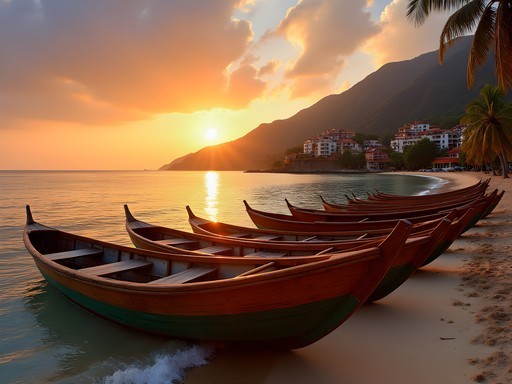 Panoramic view of Yelapa village and beach at sunset with traditional boats in foreground
