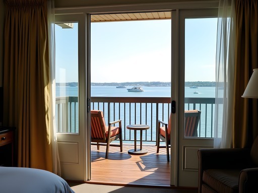 Hotel room balcony view of Lake Michigan shoreline in Racine