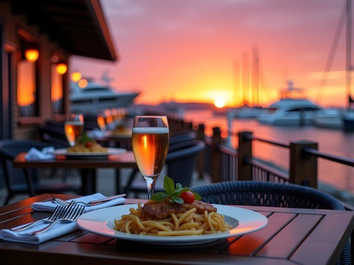Sunset view over Racine marina with sailboats and restaurant patio