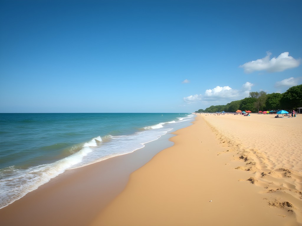 Golden sands of North Beach Racine with blue Lake Michigan waters