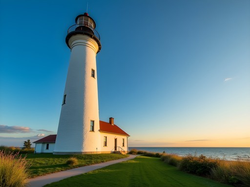 Historic Wind Point Lighthouse against blue sky in Racine Wisconsin