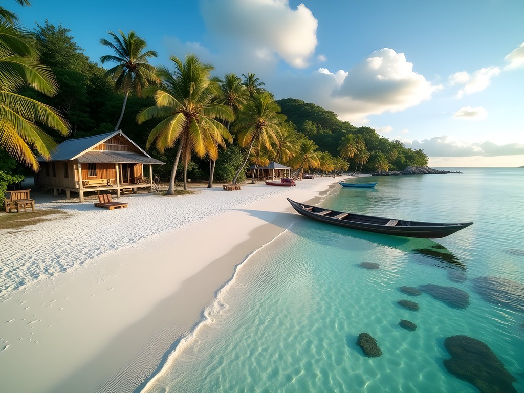 Perfect crescent beach on Arborek Island Raja Ampat with traditional village and crystal-clear water
