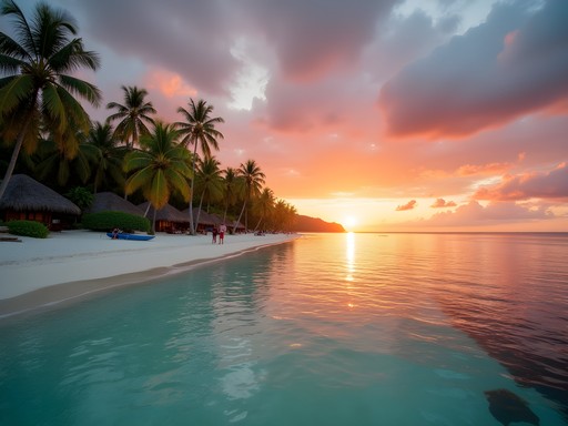 Long white sand beach on Kri Island Raja Ampat at sunset with coconut palms and traditional bungalows