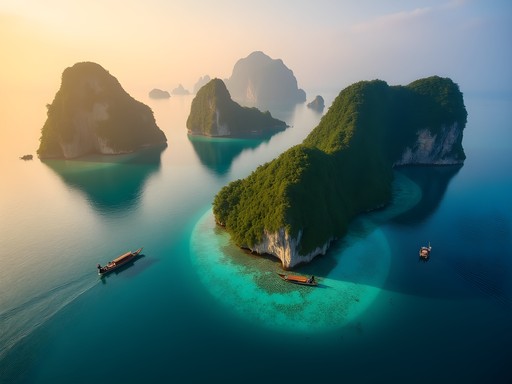 Dramatic limestone karst islands rising from turquoise lagoon at Pianemo Beach Raja Ampat at sunrise