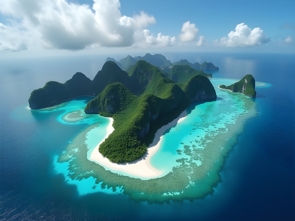 Spectacular aerial view of Wayag lagoon Raja Ampat showing maze of limestone karst islands and hidden beaches