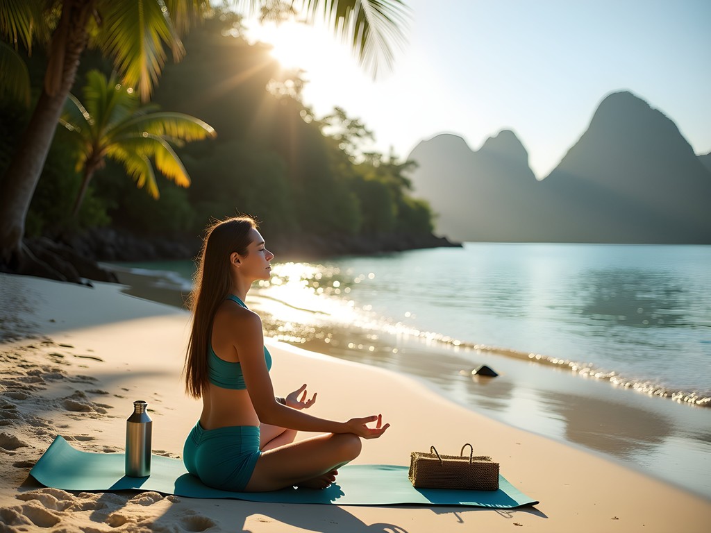 Traveler meditating on untouched beach with commitment to sustainable tourism in Raja Ampat