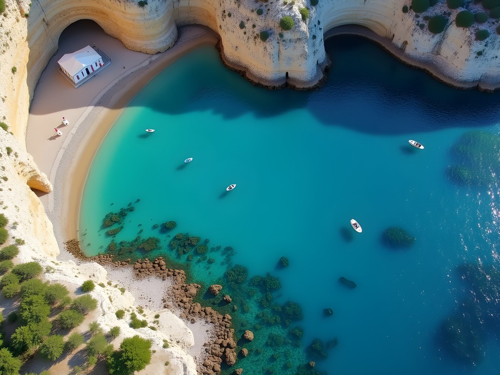 Aerial view of heart-shaped St. Paul's Bay in Lindos Rhodes with turquoise waters