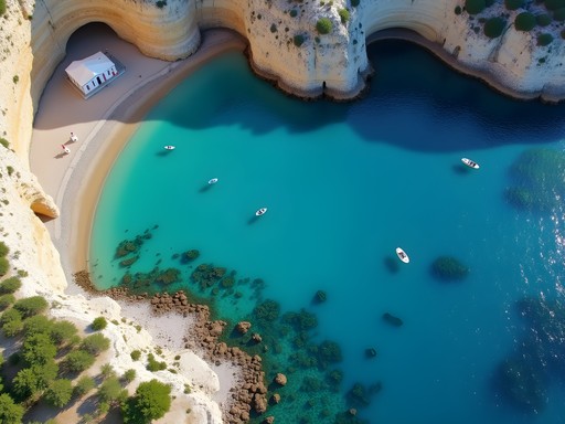 Aerial view of heart-shaped St. Paul's Bay in Lindos Rhodes with turquoise waters