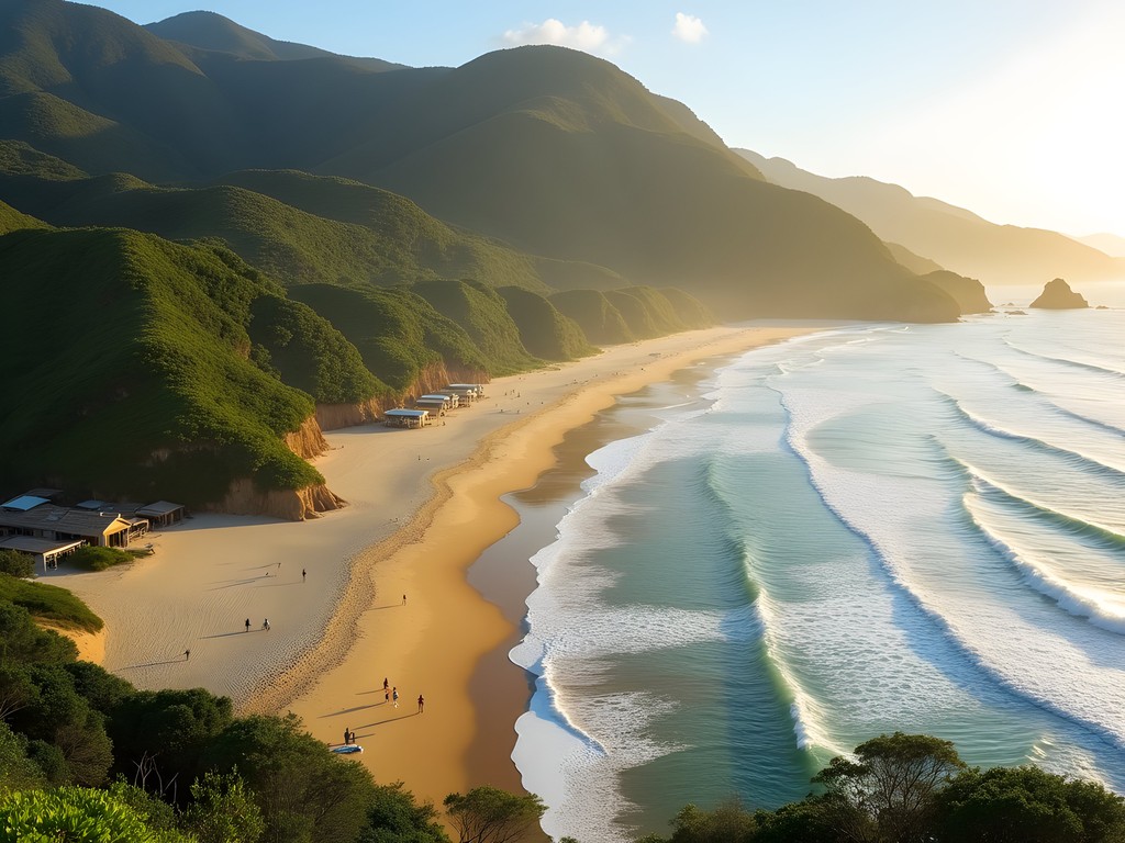 Sweeping view of undeveloped Praia de Grumari with Atlantic rainforest mountains in the background