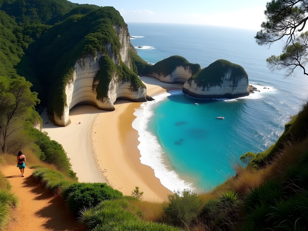 Secluded crescent beach of Praia do Perigoso viewed from hiking trail with dramatic cliffs