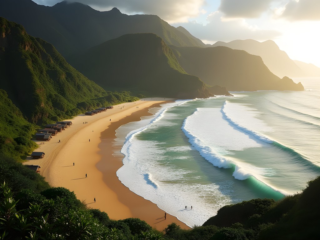 Surfers riding waves at Prainha beach with dramatic mountain backdrop at sunset